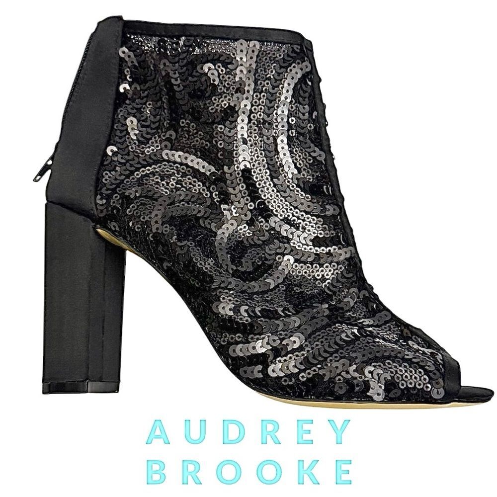 Audrey Brooke Women’s Camilla Sequin Black Peep-toe Bootie Size 6 Medium New